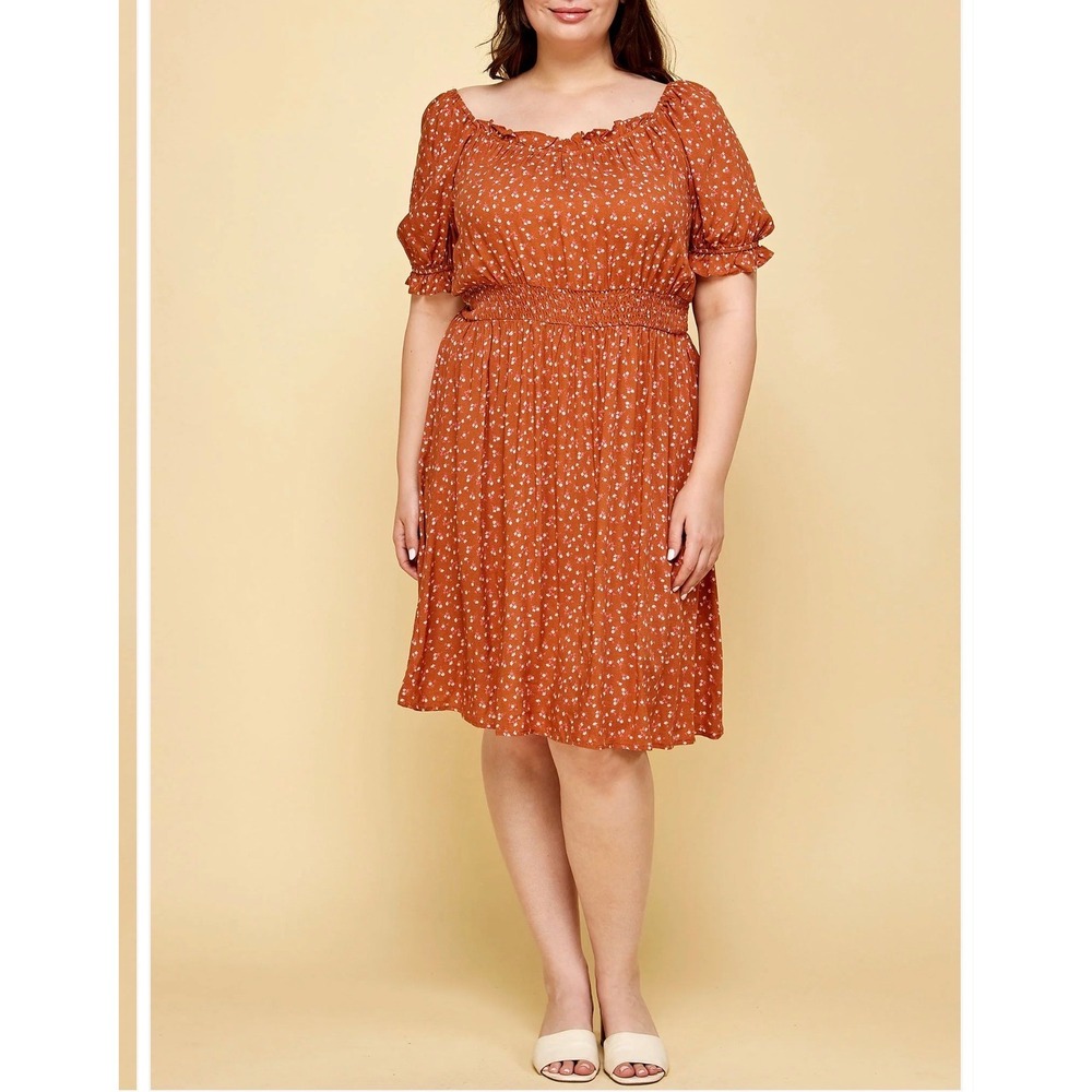 Winslow Rust Floral Smocked Waist Puff Sleeve Midi Dress 2X Boho Cottagecore